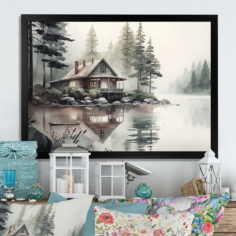 Cottage au bord du lac I - Art mural chalet, Cadre simple noir, H 24 po x l 32 po x P 1 po