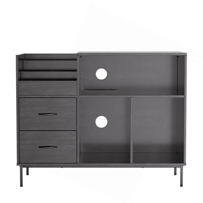 Support de tourne-disque écologique avec plateau rabattable - Armoire de rangement en vinyle en bois avec multiprise à 2 prises, tiroirs et casiers anti-poussière, console média pour le salon / bureau