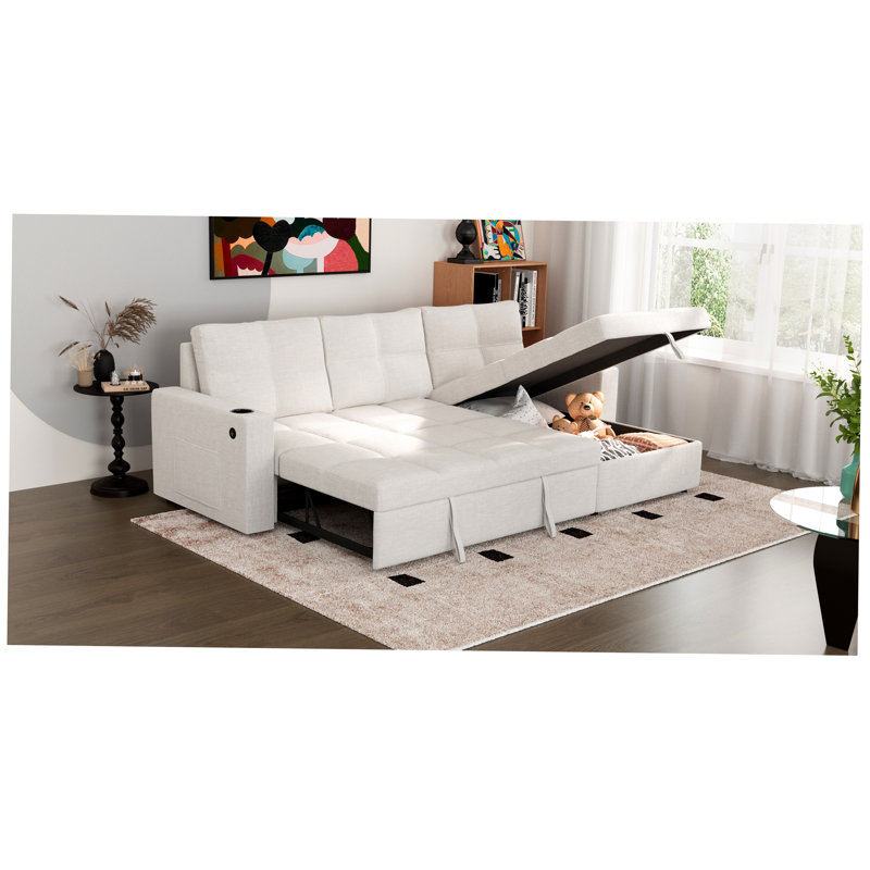 Canapé-lit convertible en tissu, canapé-lit modulaire escamotable avec charge USB et porte-gobelets, canapé-lit en forme de L avec rangement pour le salon (beige)