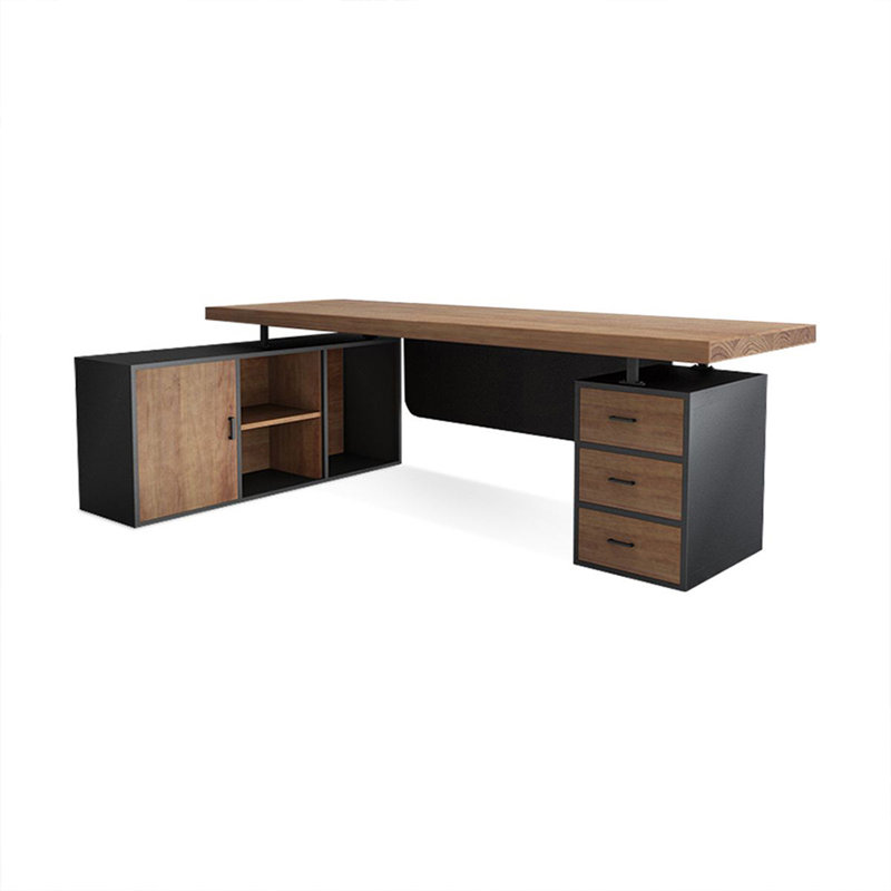 Bureau de direction en bois massif brun en forme de L avec 3 tiroirs