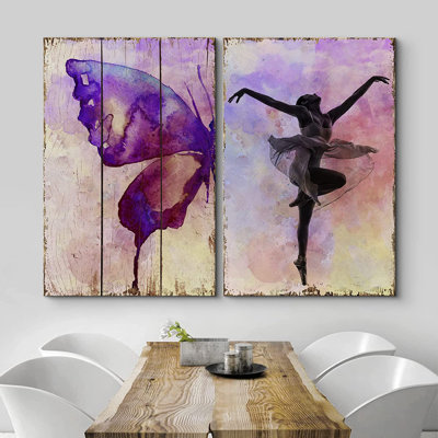 Dance " Watercolored Butterfly On A Wooden Canvas Background And An Elegant Ballerina " 2 - Pieces