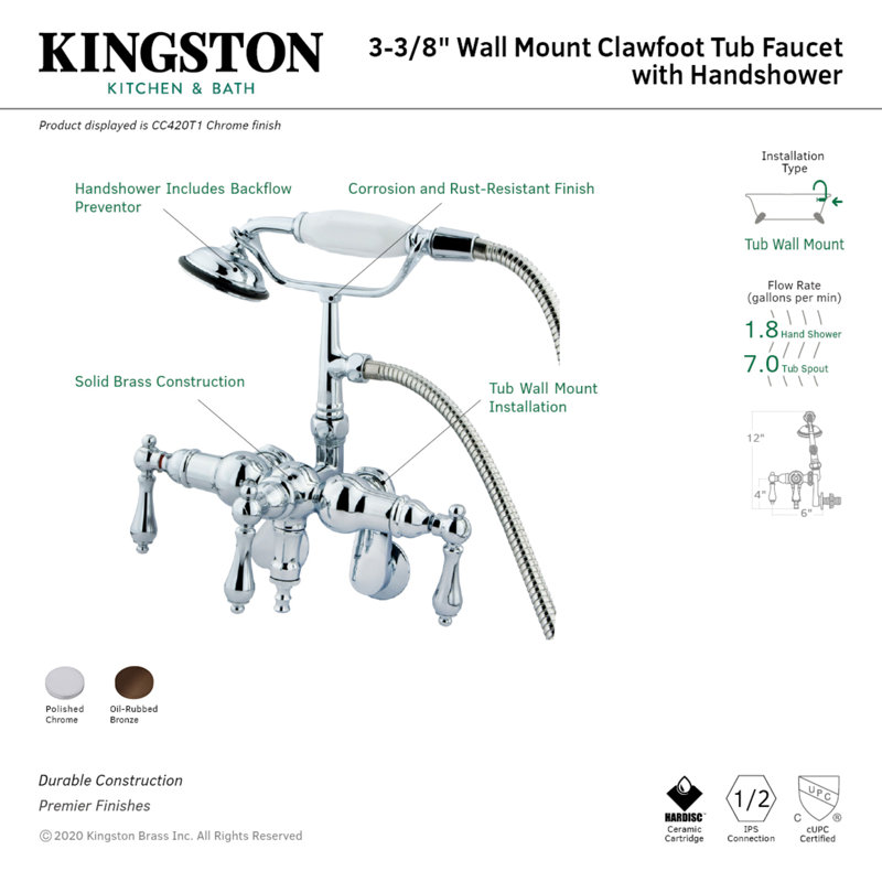 Kingston Brass Vintage Three-Handle 2-Hole Tub Wall Mount Clawfoot Tub Faucet with Hand Shower, Polished Chrome