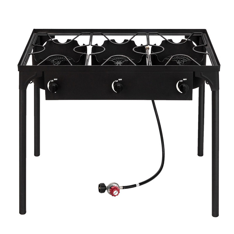 Outdoor Camp Stove High Pressure Propane Gas Cooker - 3 Cast Iron Burners (225000 Btu), Portable With Removable Legs,