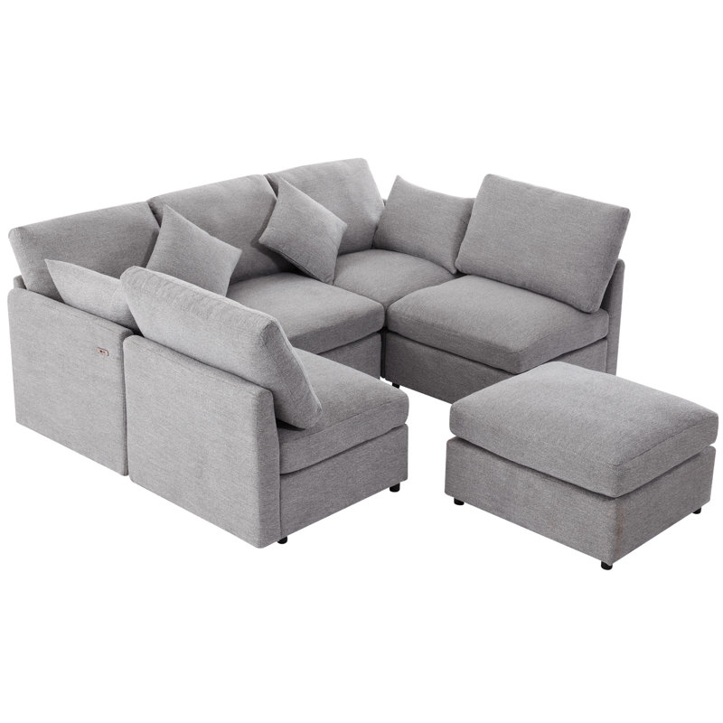 Kaori 86.6" Chenille Upholstered Sectional Sofa with Movable Ottoman & USB Ports, Light Gray
