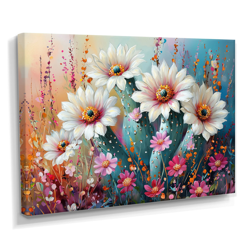 Cactus blanc et rose - Cactus, art mural, H 12 po x l 20 po, Toile tendue sur cadre, Ne s’applique pas