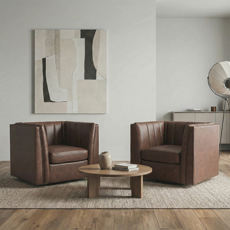 35.4'' Wide Upholstered Swivel Chair, Mocha Faux Leather