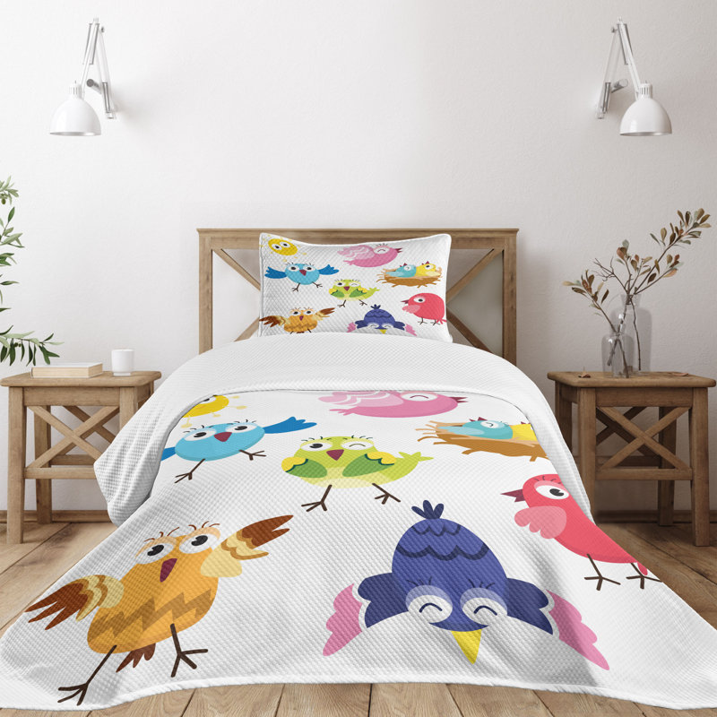 White Twin Quilted Bedspread Set with Cartoon Birds