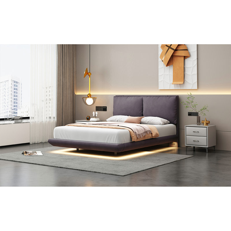 Upholstered Platform Bed with Sensor Light and 2 Large Backrests, Stylish Platform Bed with 2 sets of USB Port and Socket on each rear Bed Leg