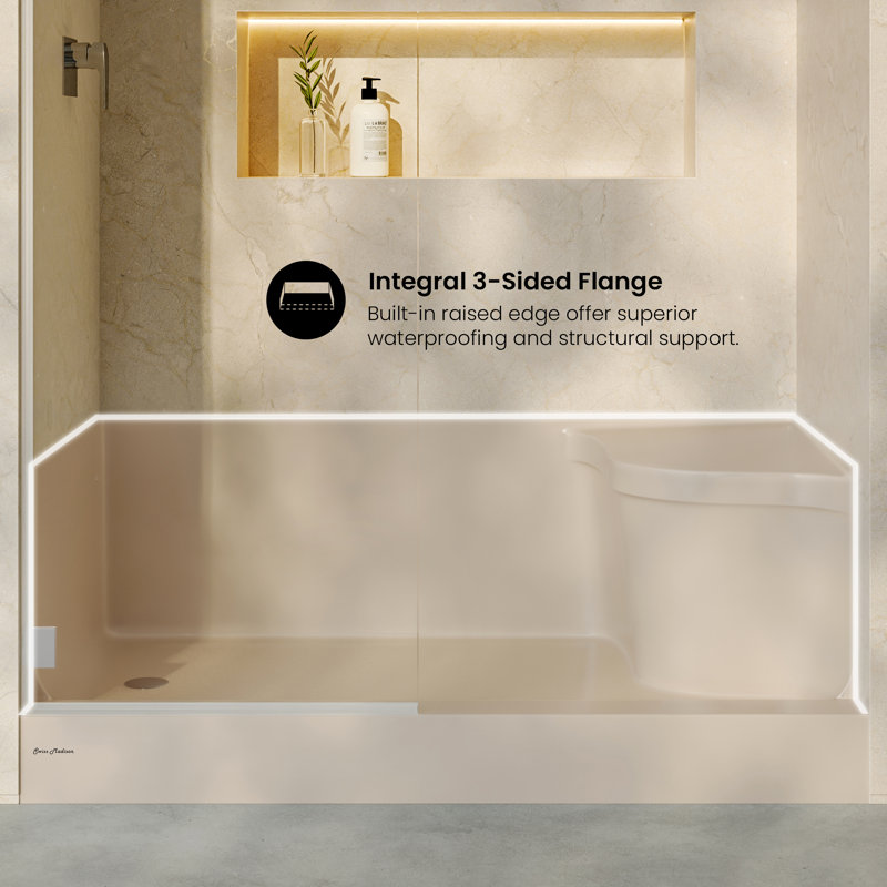 Aquatique 60" x 32" Single Threshold Shower Base With Right Hand Drain and Integral Left Hand Seat , Biscuit, Left