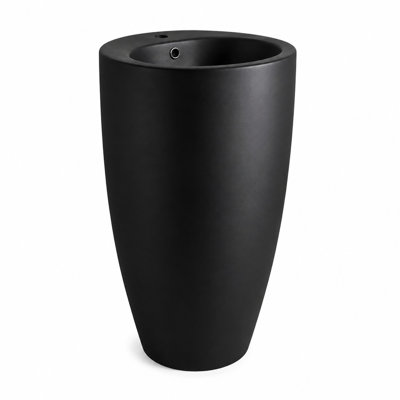 Modern Matte Black One‑Piece Integrated Pedestal Sink, Round Ceramic Freestanding Floor‑Standing Wash Basin, Compact Sink for Small Bathroom, Balcony & Outdoor Use, Faucet and Drain Assembly Not Included, 19.68" x 19.68" x 33.07"