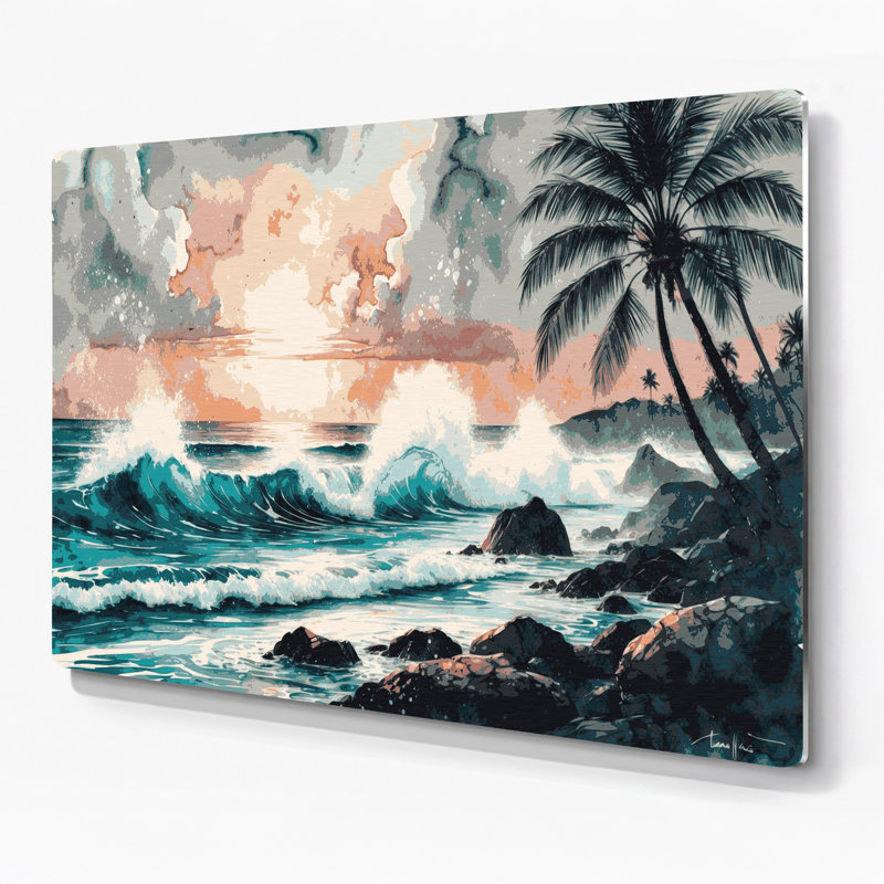Art mural en métal beige côtier tropical du Pacifique, H 11 po x l 14 po