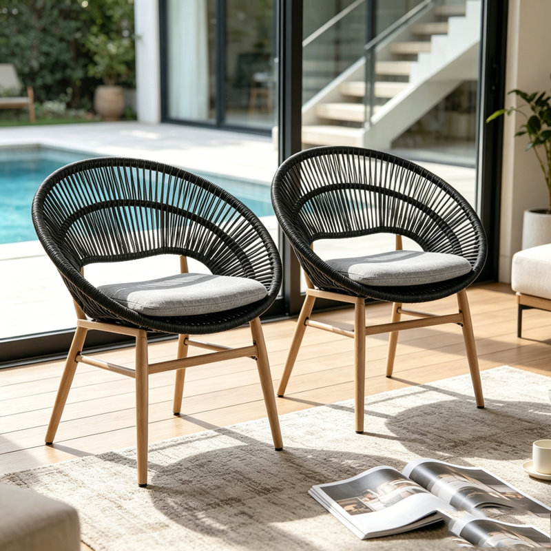 Chaise d'extérieur en osier, Dark Grey,Teak