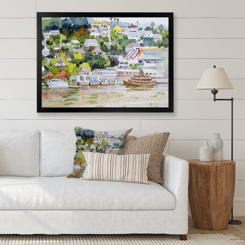 Paysage asiatique avec bateau à vapeur sur une rivière - peinture sur toile, Cadre noir, L 20 po x H 12 po