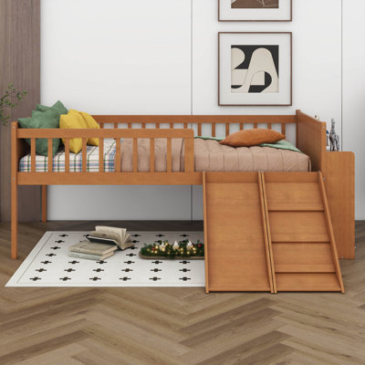 Lit plateforme avec glissade, tablette de rangement et espace sous le lit, cadre de lit en bois avec échelle et garde-corps de sécurité