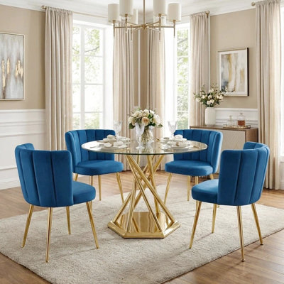 39" Round Glass Dining Table Set for 4, Modern Round Dining Table with 4 Velvet Upholstered Chairs, Tempered Glass Table with Gloss Stainless Steel Base, Dining, Kitchen and Space Saving