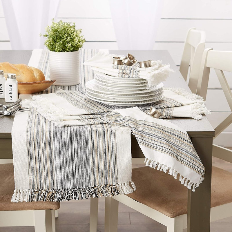 Fringed Stripe Table Runner – Black – Everyday Tabletop Decor