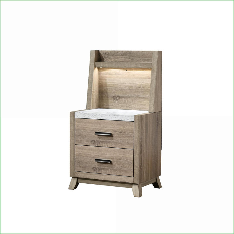 Table de chevet rustique avec plateau en faux marbre et ampoule DEL Deux tiroirs