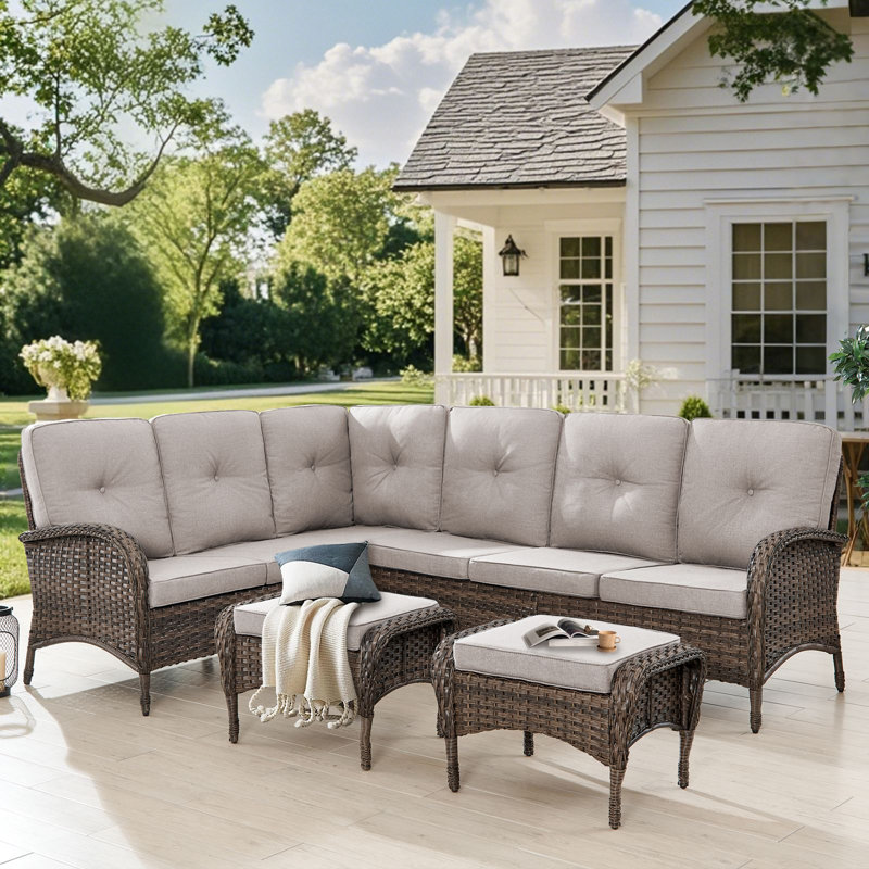 Valierius  L-Shaped Outdoor Sectional Sofa Set With Wicker Ottomans For Patios & Gardens, Beige