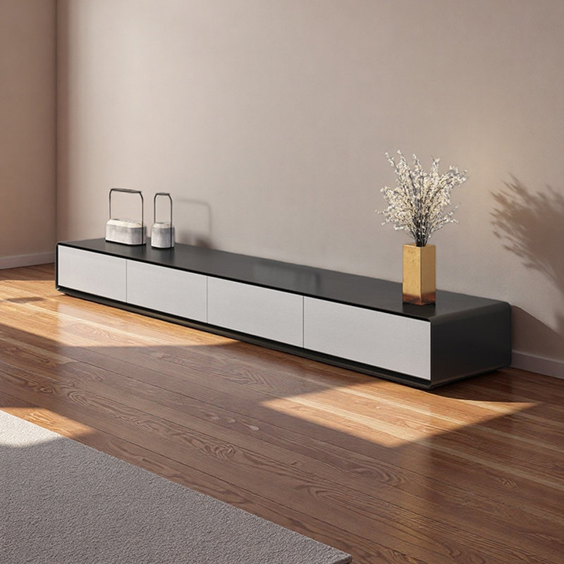 Meuble télé moderne en bois avec plancher, H 13,77 po x L 86,61 po x l 15,74 po, Blanc/Noir