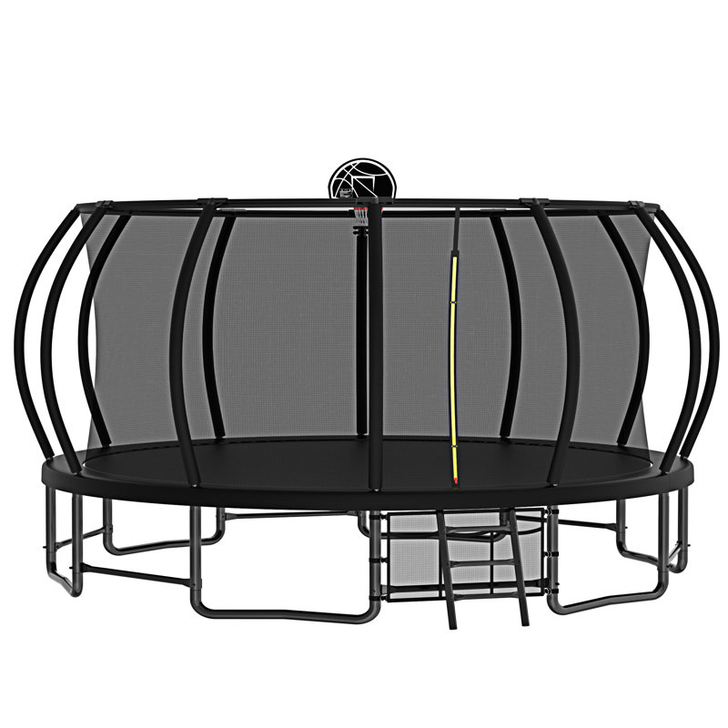 16FT Black Steel Trampoline with Safety Net and Basketball Hoop