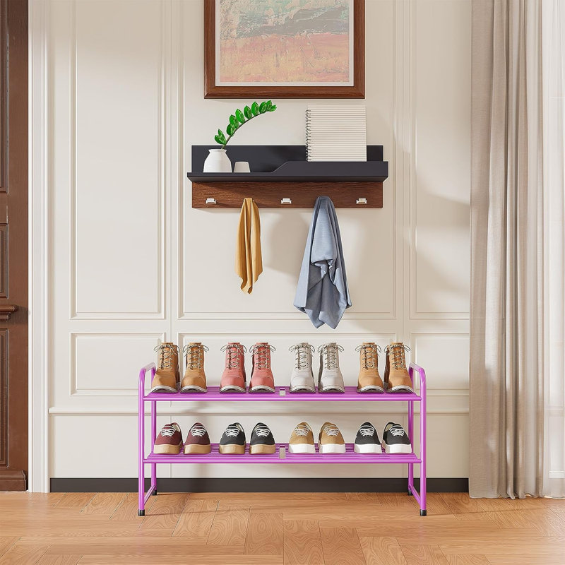 32'' Wide 2-Tier Wire Grid Shoe Rack for Closet, Stackable and Adjustable Shoe Shelf, Pink