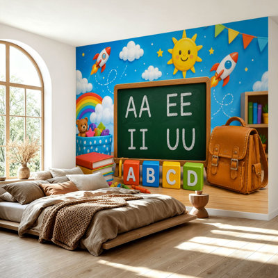 Wall Mural Peel and Stick Wallpaper Colorful Classroom Scene Chalkboard Alphabet Blocks School Supplies Self-Adhesive Removable Contact Paper Wall Decor for Living Room Bedroom 69"H x 96"W