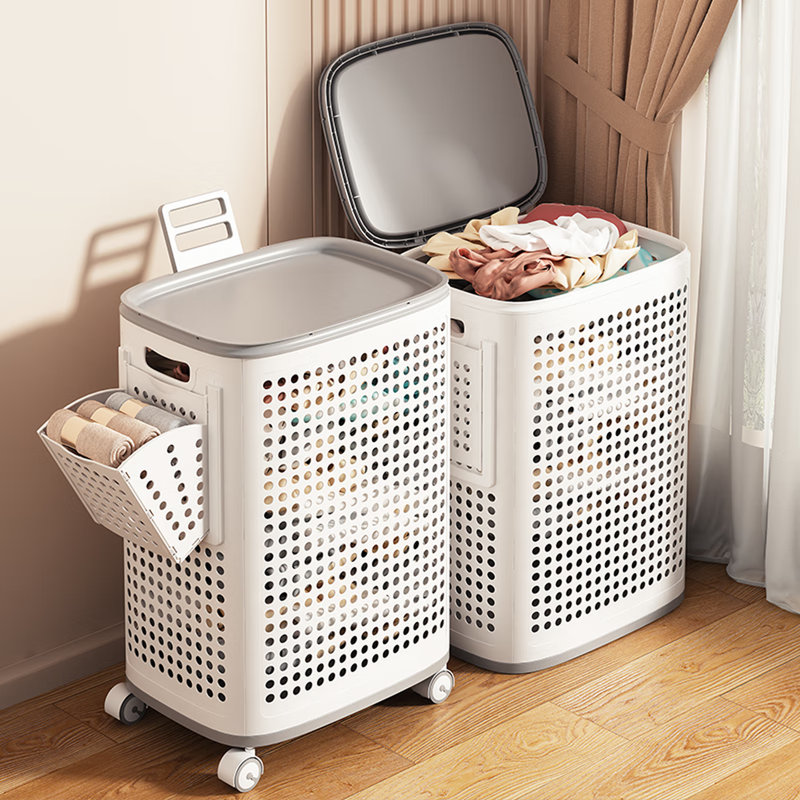 Panier à linge avec couvercle et cloisons JOYBOS, panier en plastique ventilé avec roulettes et poignée, gris clair