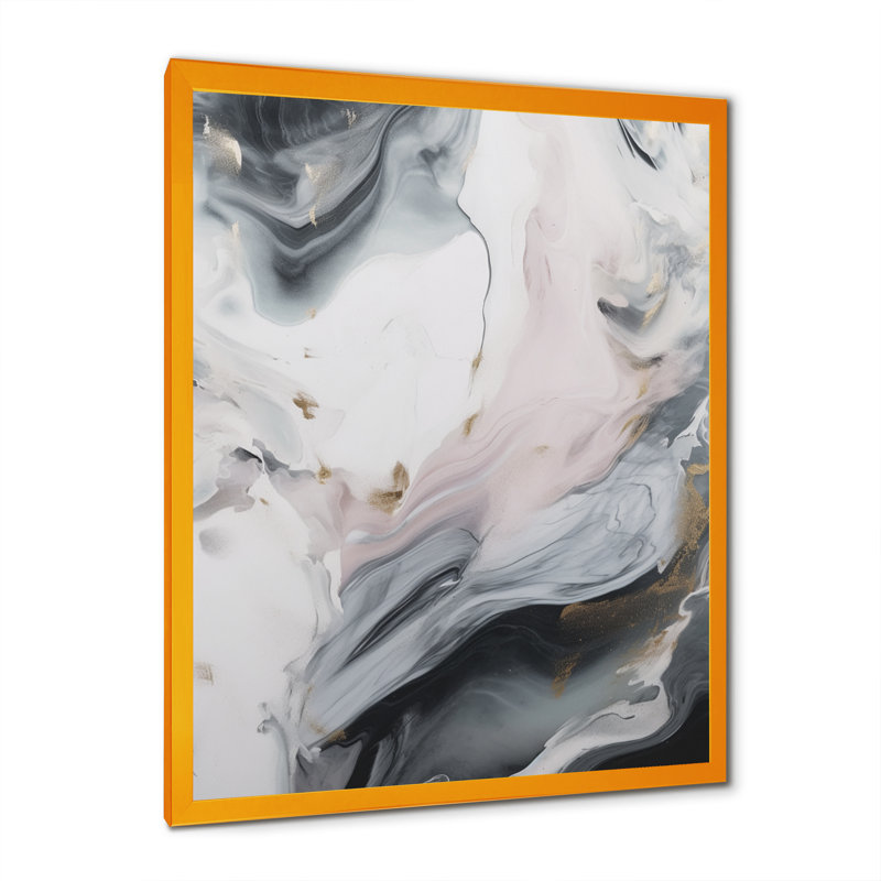 Marbre blanc et gris captivant I - reproductions d'art abstrait en marbre, H 20 po x l 12 po x P 1 po, Encadrement doré