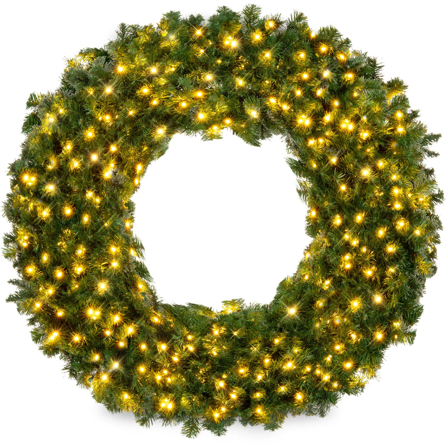 Artificial Pre-Lit Fir Christmas Wreath Decoration w/ LED Lights, 930 Tips, Power Plug-In - 36" H x 36" W x 10" D