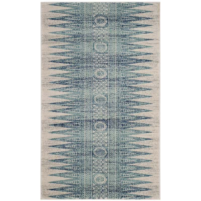 Tapis ivoire et turquoise de style Sud-Ouest Allard, Rectangle 2 pi 2 po x 4 pi