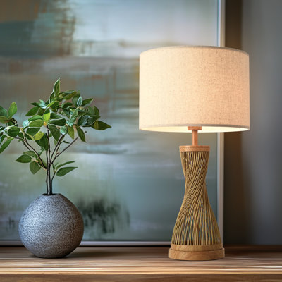 25.2’’ Table Lamp with Woven Rattan Base and Linen Drum Shade, E26 Socket – Natural Modern Accent Lighting for Bedroom, Living Room, or Office