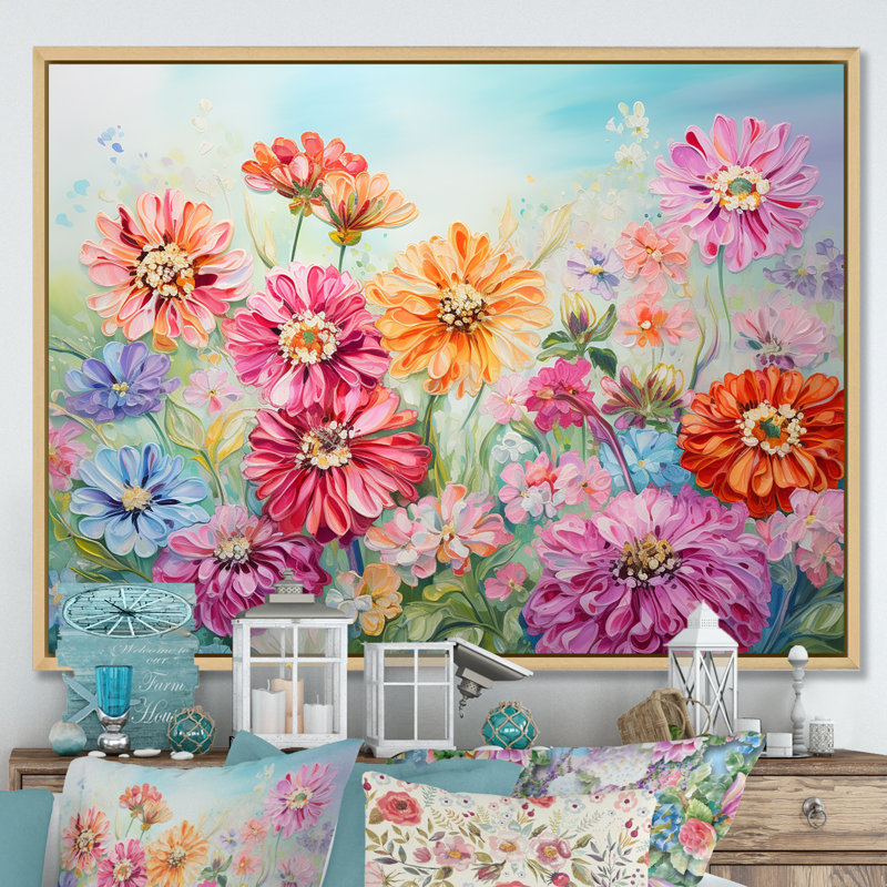 Zinnias Farmhouse Field Charm sur toile, White Picture Framed, 30" H x 40" W
