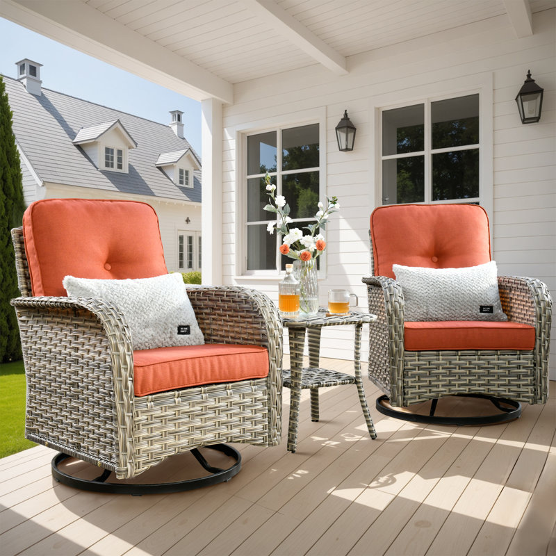 Emroy 2 - Person Outdoor Wicker Swivel Chairs with Side Table, All Weather High Back Rattan Chairs 2-Seater with Comfy Cushions