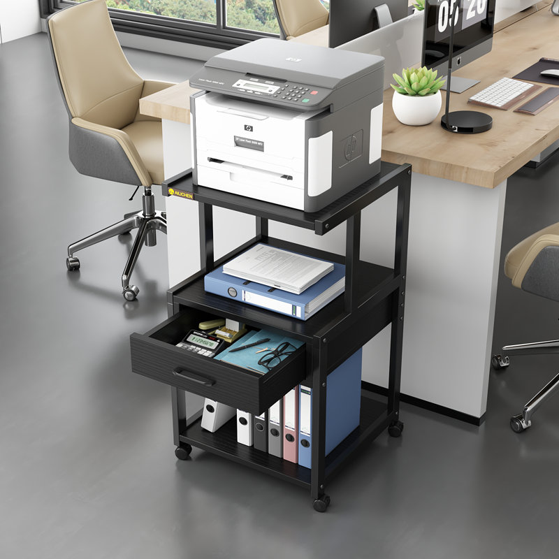 3 Tier Printer Stand with Storage Drawer Rolling Printer Table with Wheels Home Office,Retro, Black