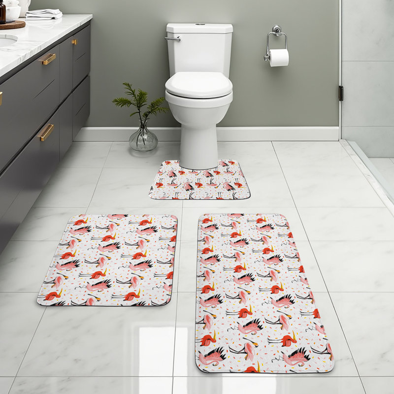  Flamingo Bathroom Rug Set 3 Pieces U-Shape & Rectangle Mats Blush Vermilion
