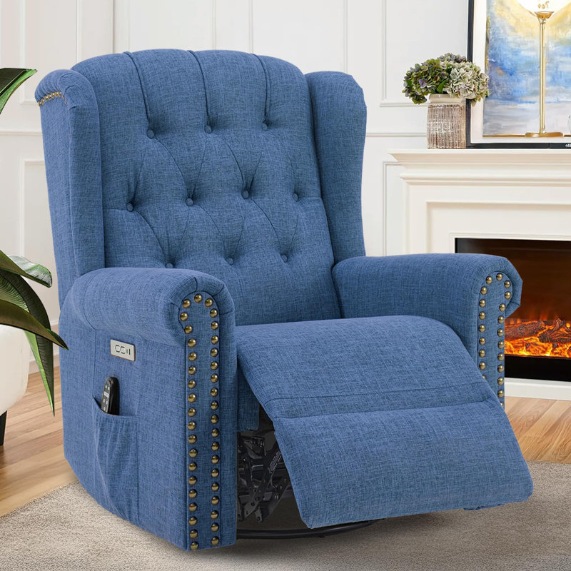 Vivijason Power Swivel Rocking Recliner Chair With Massage & Heat, Electric Rocker Glider Chair For Nursery, Wingback Tufted Upholstered Recliner W/Type-C & Usb Ports For Living Room, Bedroom, Navy
