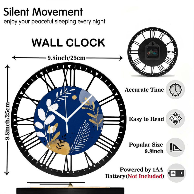 Horloge murale ronde en fer 10 po avec mouvement à quartz silencieux, chiffres romains, impression UV, Marine