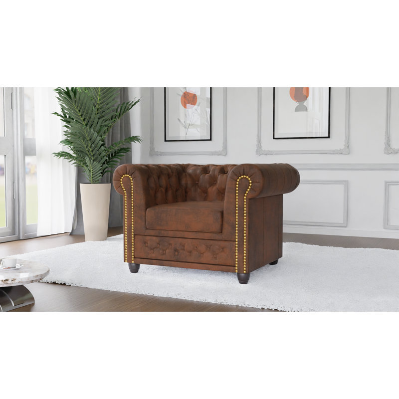 Chesterfield Armchair Friedrich Made of Vintage Look Microfibre with Solid Wood Legs, Brown