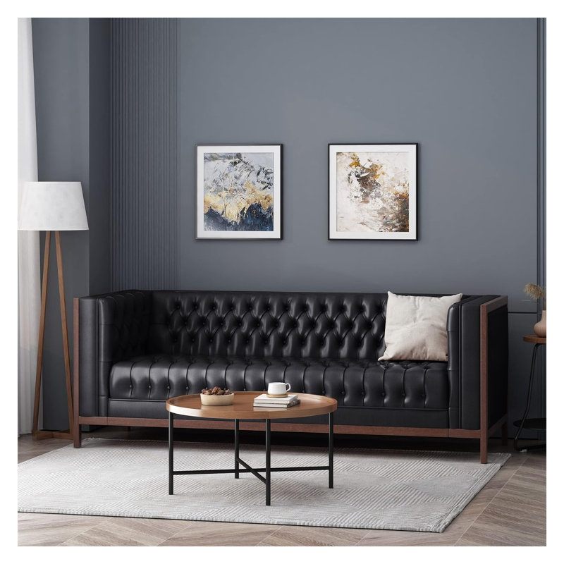Canapé contemporain en cuir noir Mid-Century avec coutures en losanges capitonnées et structure en bois d'hévéa, Noir