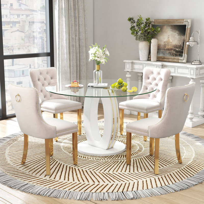 Ensemble de table de salle à manger haute brillance ronde avec 4 chaises de salle à manger en velours, Beige, Blanc