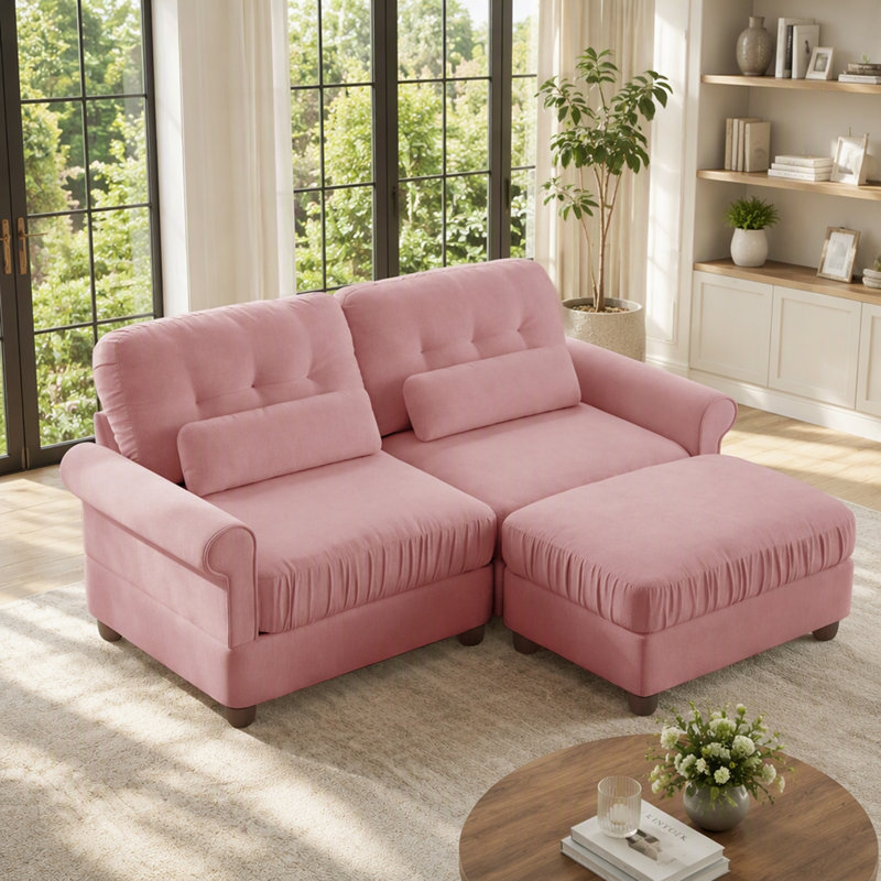 Canapé d'angle 2 places en chenille avec un pouf, coussin d'assise à bord froncé, accoudoirs arrondis et coussins lombaires, assise moelleuse idéale pour petit appartement ou salon, rose
