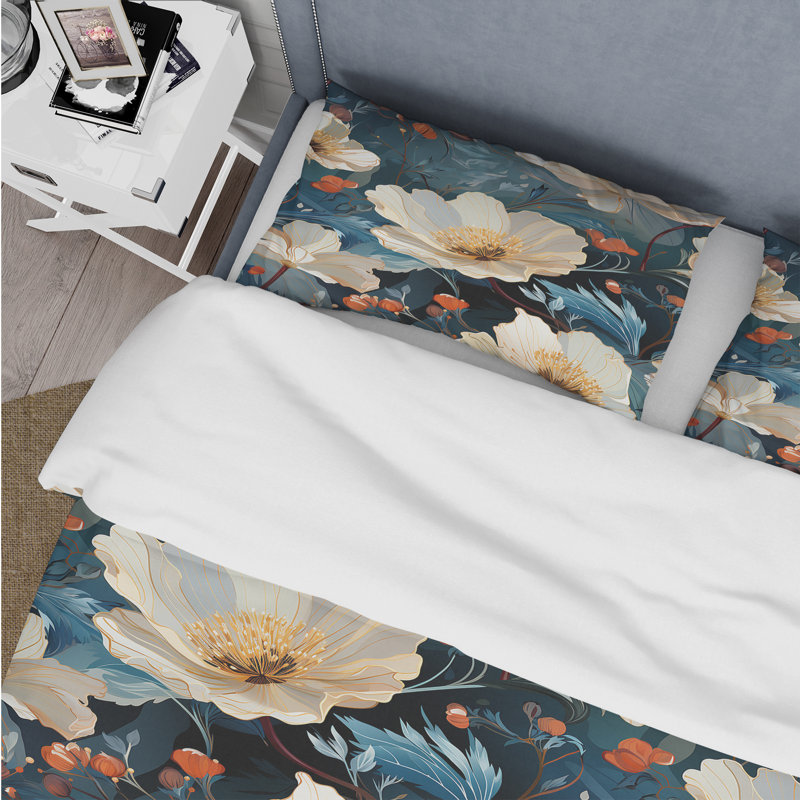 Élégant motif floral bleu - Ensemble de housse de couette floral, Housse de couette simple + 1 taie décorative stan