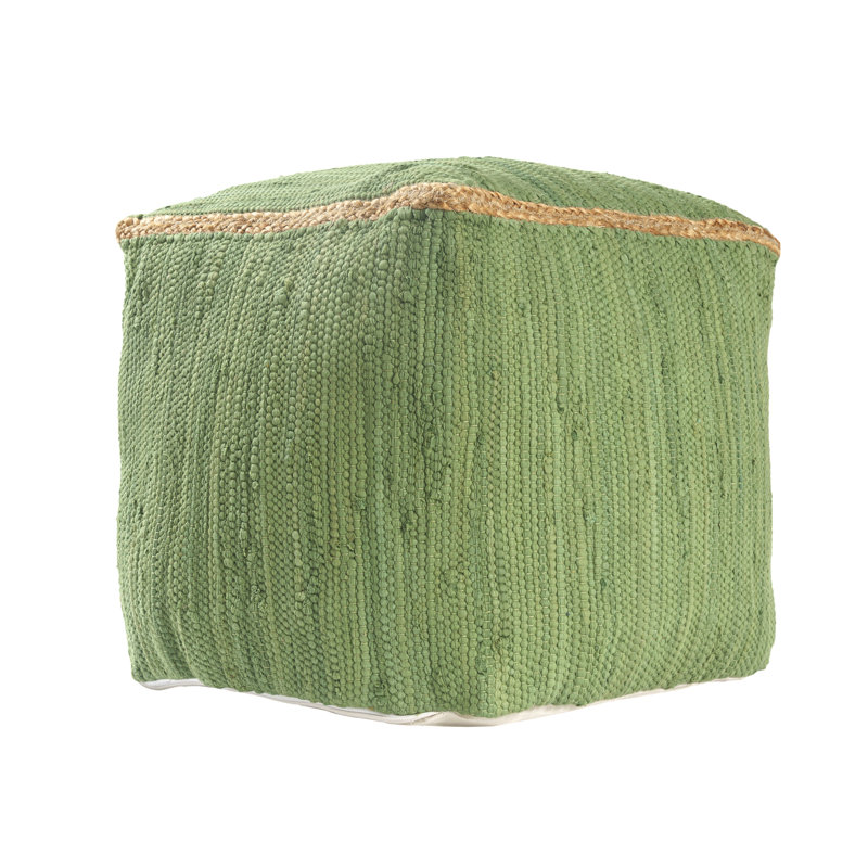 Dillon Transitional Jute Bordered Cotton Handmade Ottoman Pouf, Green