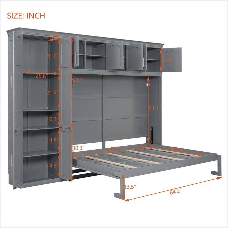 Grand lit escamotable mural avec armoires, Gris