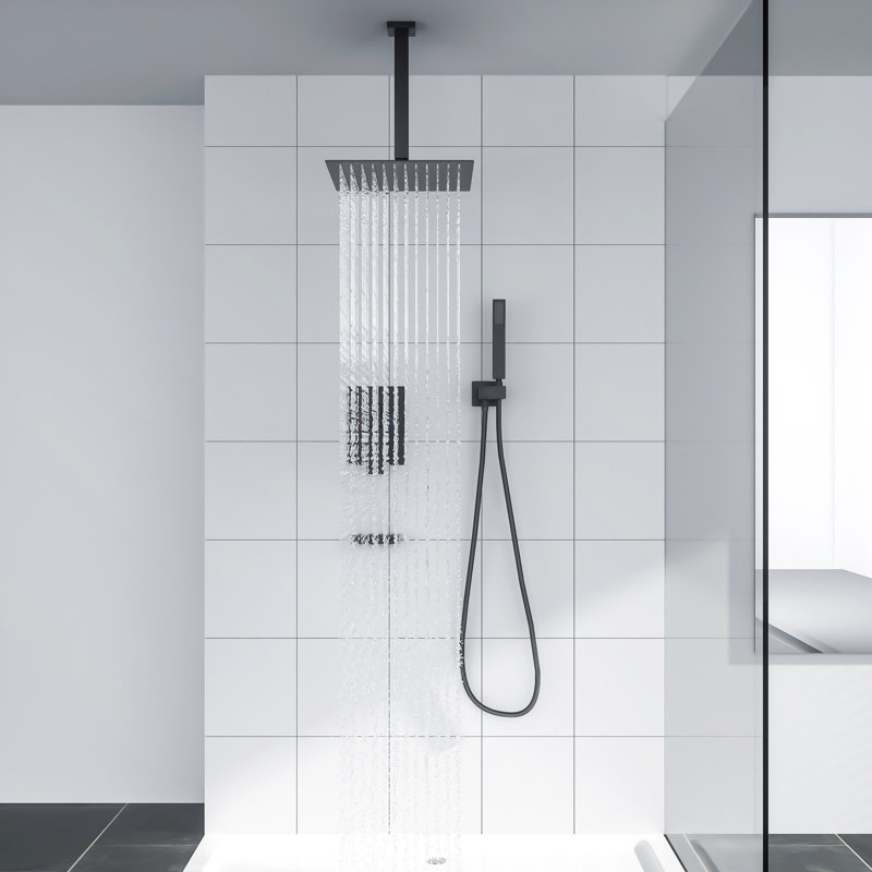 10” Ceiling Mounted Shower Head Dual Function Complete Shower System with Rough in-Valve and Bathtub Faucet, Matte Black