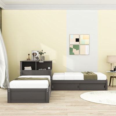 Lit plateforme simple en bois avec lumière DEL, bureau, tablettes et lit gigogne