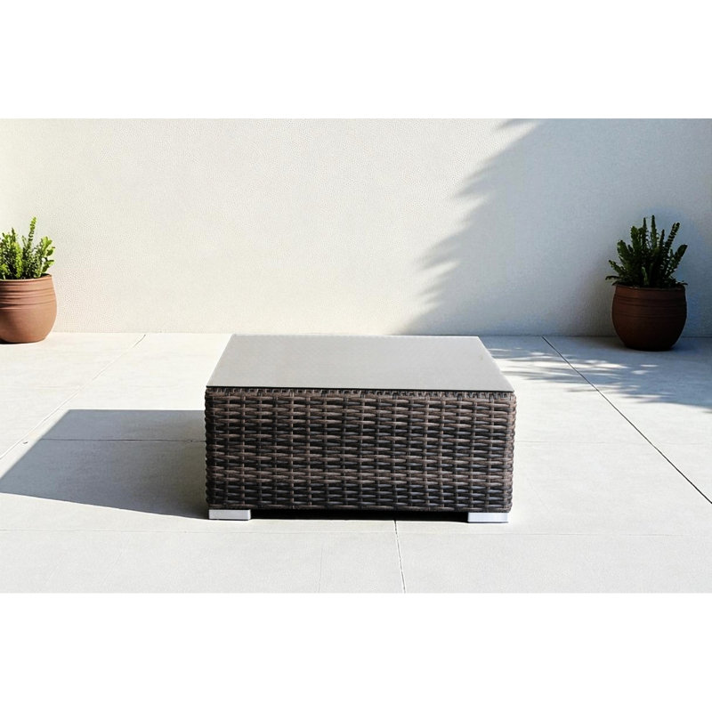Table basse d'extérieur brune avec verre trempé transparent, cadre antirouille, taille 28 po, poids léger de 20 lb, sans assemblage, pour la terrasse