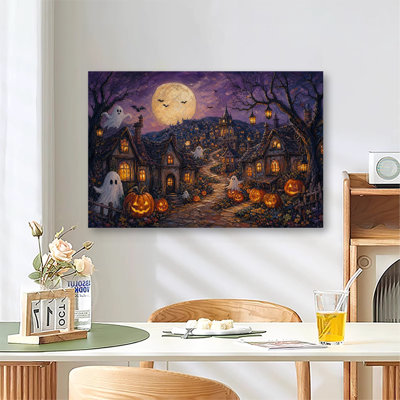 Whimsical Halloween Village With Glowing Jack O Lanterns, Friendly Ghosts And Huge Full Moon Impasto Canvas Wall Art