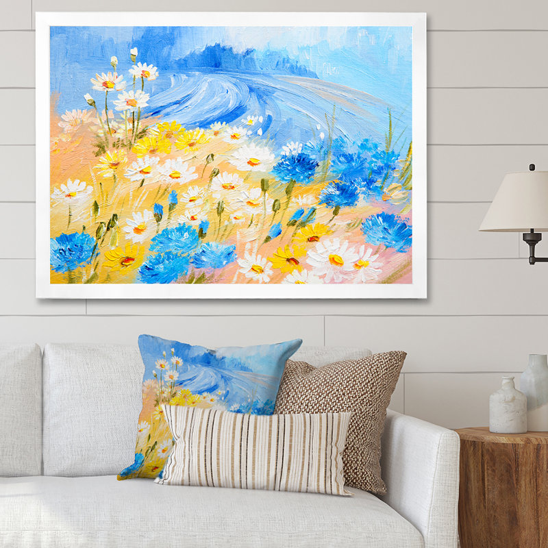 Fleurs de marguerites bleues et blanches - Art sur toile traditionnel, H 16 po x l 32 po x P 1,5 po