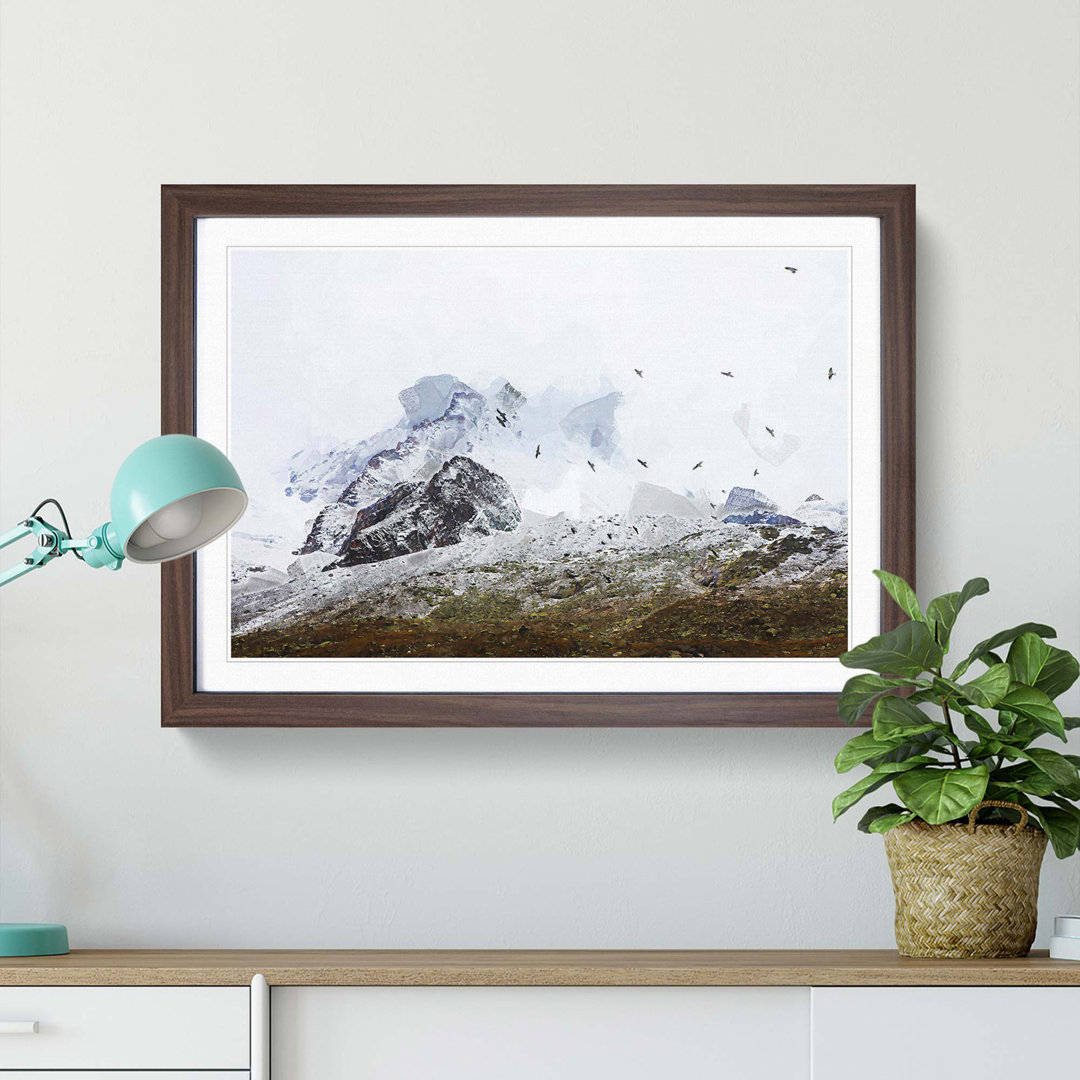 The Swiss Alps with a Flock of Birds in Abstract - Framed Print